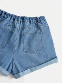 SHEIN EZwear 大碼櫻桃刺繡卷邊牛仔短褲 - 中等水洗藍 - 查看 4