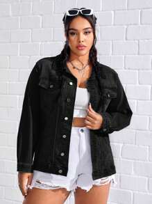 SHEIN Hơn Túi có nắp Áo khoác denim - màu đen - Xem 1