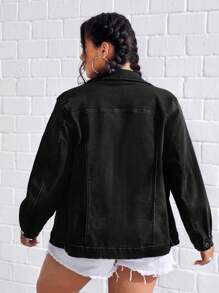 SHEIN Hơn Túi có nắp Áo khoác denim - màu đen - Xem 2