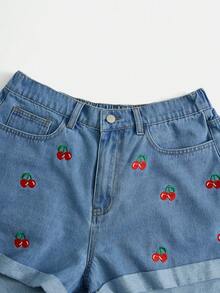 SHEIN EZwear 大碼櫻桃刺繡卷邊牛仔短褲 - 中等水洗藍 - 查看 5
