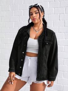 SHEIN Hơn Túi có nắp Áo khoác denim - màu đen - Xem 3