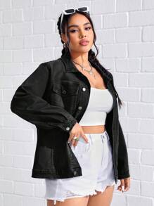 SHEIN Hơn Túi có nắp Áo khoác denim - màu đen - Xem 4