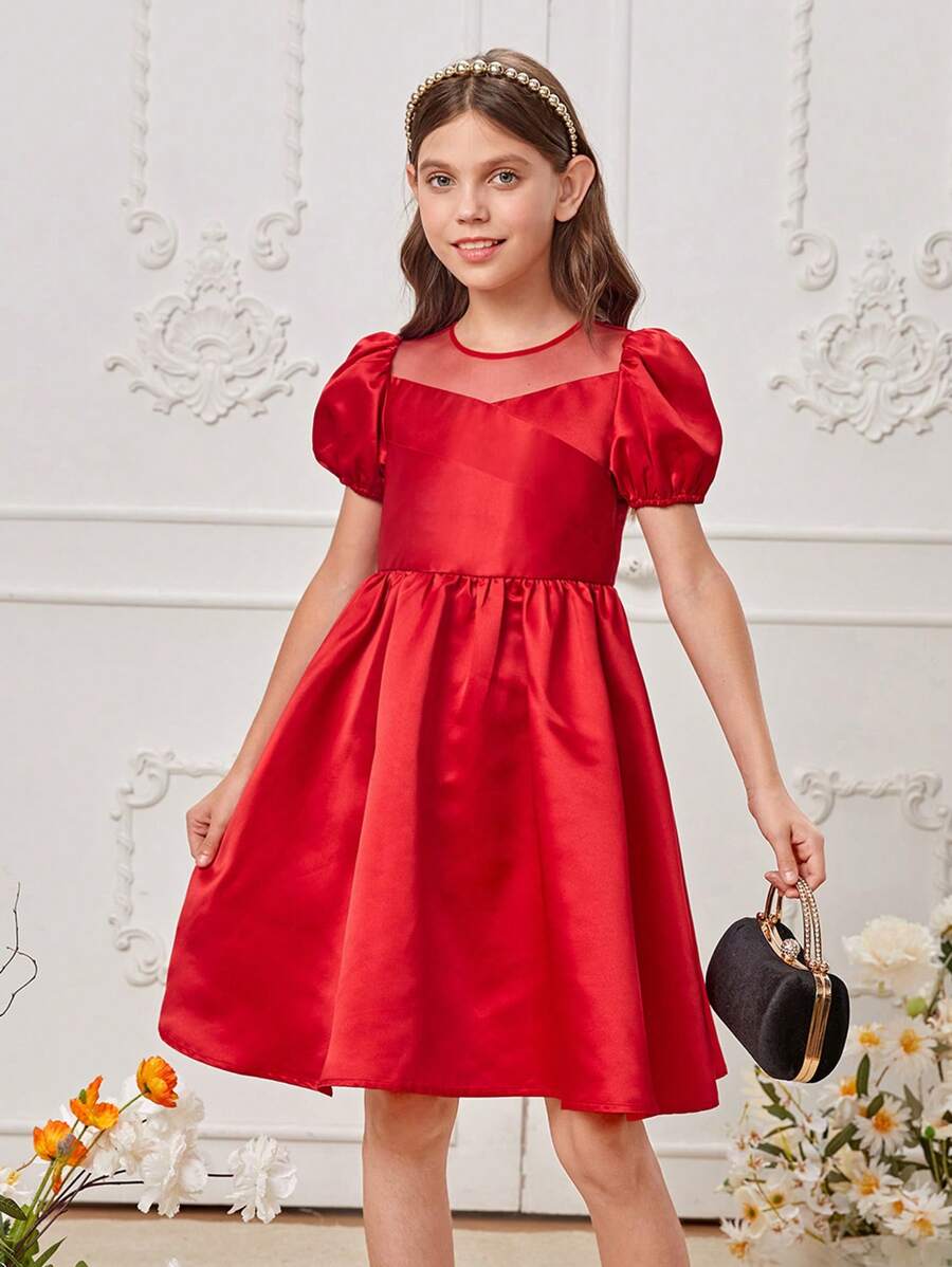 SHEIN Cô gái Tween Lưới tương phản Ống tay áo Đầm - Đỏ - Xem 1