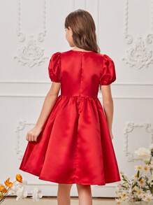 SHEIN Cô gái Tween Lưới tương phản Ống tay áo Đầm - Đỏ - Xem 2