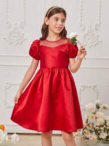 SHEIN Cô gái Tween Lưới tương phản Ống tay áo Đầm - Đỏ - Xem 4