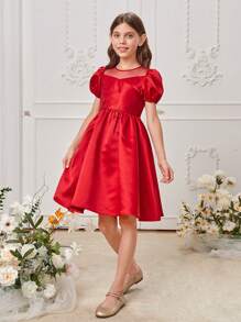 SHEIN Cô gái Tween Lưới tương phản Ống tay áo Đầm - Đỏ - Xem 5