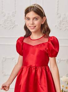 SHEIN Cô gái Tween Lưới tương phản Ống tay áo Đầm - Đỏ - Xem 6