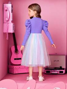 SHEIN 女小童羊腿袖網紗邊連衣裙 - 彩色 - 查看 2