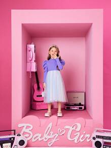 SHEIN 女小童羊腿袖網紗邊連衣裙 - 彩色 - 查看 3