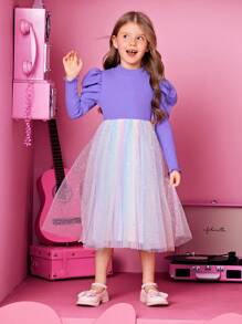 SHEIN 女小童羊腿袖網紗邊連衣裙 - 彩色 - 查看 4