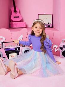 SHEIN 女小童羊腿袖網紗邊連衣裙 - 彩色 - 查看 5