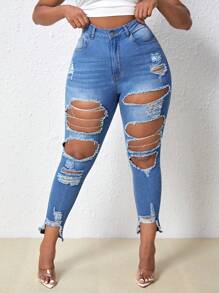 SHEIN SXY Talla grande Jeans ajustados desgarro ribete sin dobladillo - Lavado ligero - Ver 1
