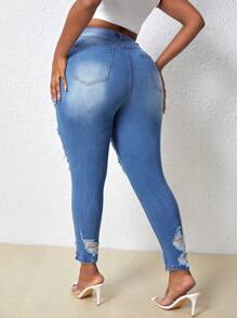 SHEIN SXY Talla grande Jeans ajustados desgarro ribete sin dobladillo - Lavado ligero - Ver 2