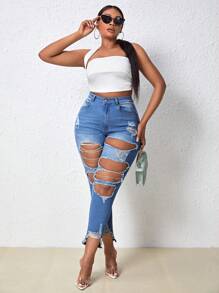 SHEIN SXY Talla grande Jeans ajustados desgarro ribete sin dobladillo - Lavado ligero - Ver 4