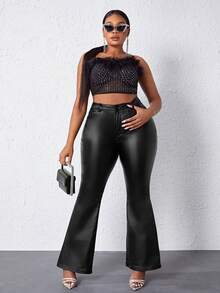 SHEIN SXY Plus High Waist Flare Leg Solid Pants, For Women Spring Summer - Black - View 3