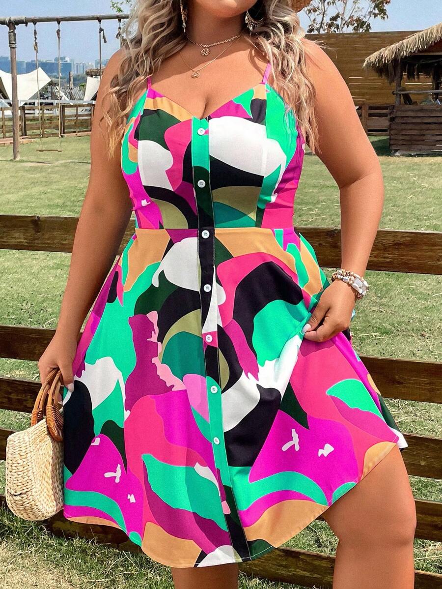 Breezaya Talla grande Vestido de tirantes con estampado con botón delantero