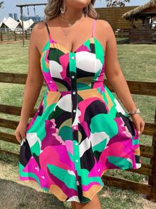 Breezaya Talla grande Vestido de tirantes con estampado con botón delantero