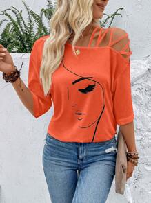 Breezaya 人像圖案不對稱領T恤 - 橘色 - 查看 1