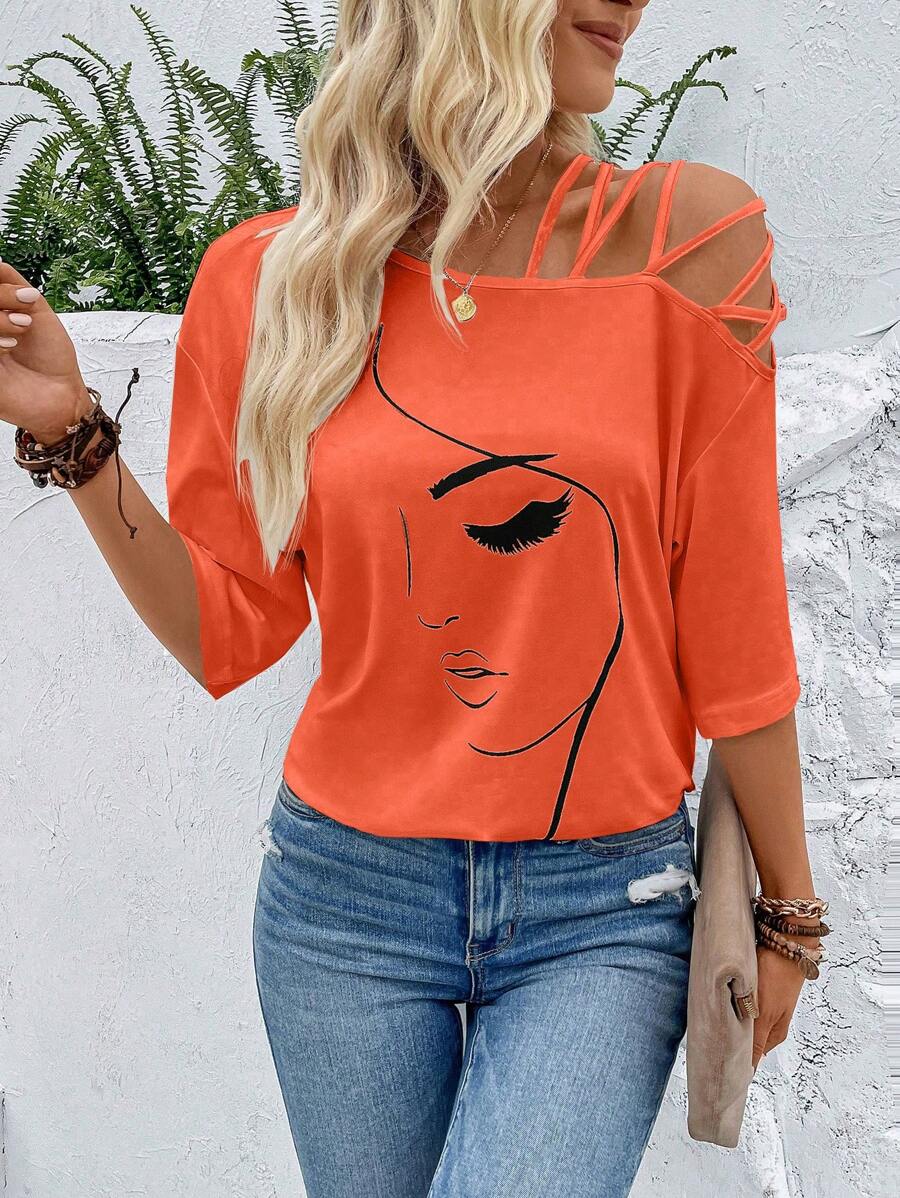 Breezaya 人像圖案不對稱領T恤 - 橘色 - 查看 1