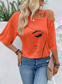 Breezaya 人像圖案不對稱領T恤 - 橘色 - 查看 3