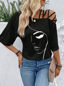 SHEIN LUNE Figure Graphic Asymmetrical Neck Tee Graphic Tees Women Tops
