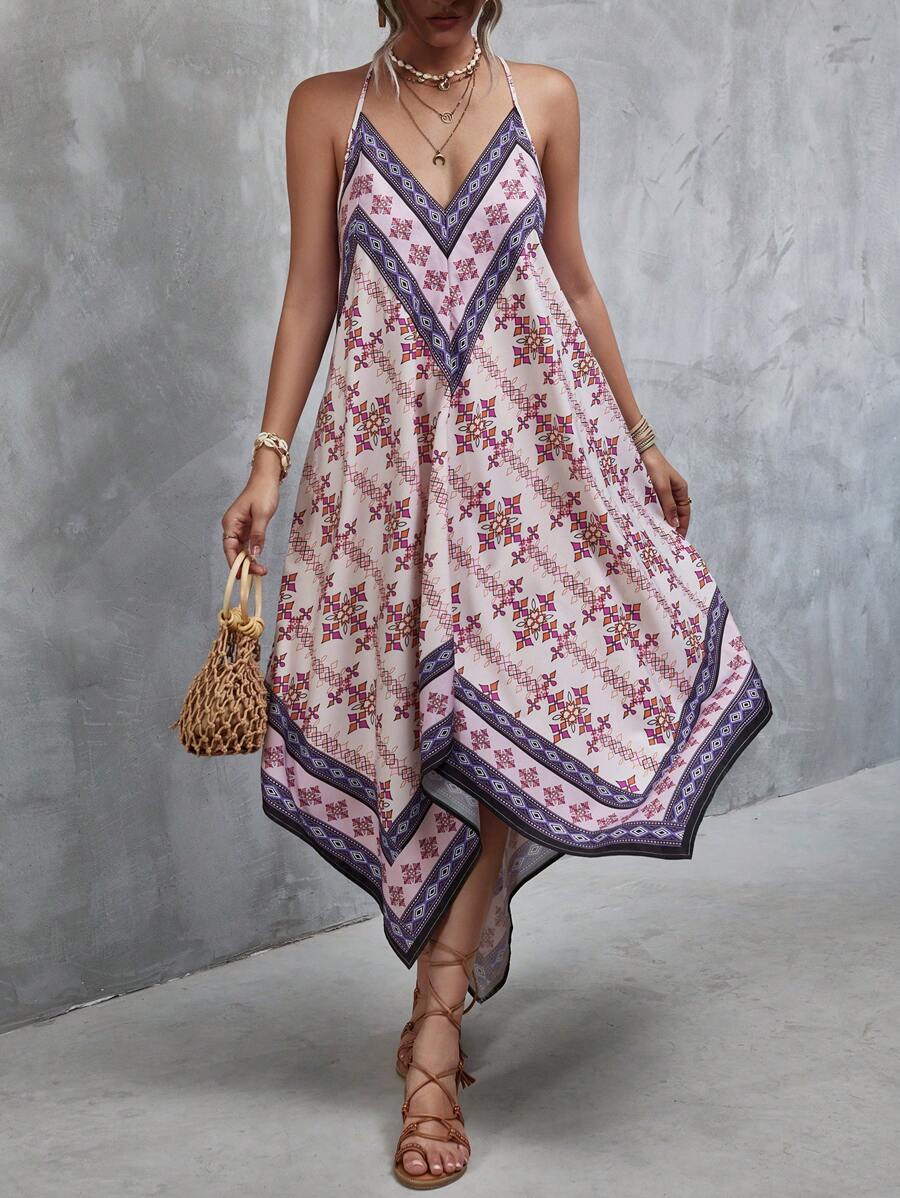 Mulvari Geo Print Hanky Hem Cami Dress - Apricot - View 1