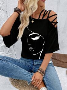 SHEIN LUNE Figure Graphic Asymmetrical Neck Tee Graphic Tees Women Tops