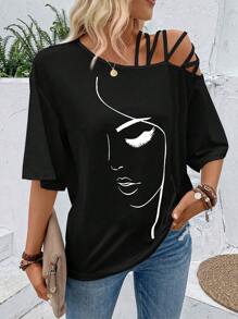SHEIN LUNE Figure Graphic Asymmetrical Neck Tee Graphic Tees Women Tops