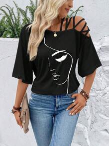 SHEIN LUNE Figure Graphic Asymmetrical Neck Tee Graphic Tees Women Tops