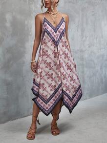 Mulvari Geo Print Hanky Hem Cami Dress - Apricot - View 4