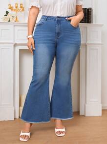SHEIN Frenchy Plus High Waist Raw Cut Flare Leg Jeans - Medium Wash - View 3