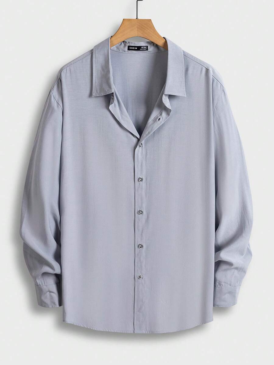 EASEVO Men Plus Solid Button Front Shirt - Light Grey - View 1