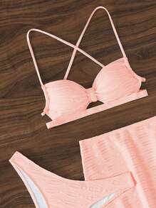 Plain Push Up Bikini Set For Summer With Beach Skirt - Baby Pink - View 3