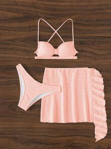 Plain Push Up Bikini Set For Summer With Beach Skirt - Baby Pink - View 4