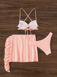 Plain Push Up Bikini Set For Summer With Beach Skirt - Baby Pink - View 6