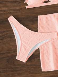 Plain Push Up Bikini Set For Summer With Beach Skirt - Baby Pink - View 7