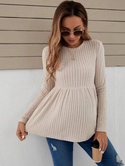 SHEIN Maternity Solid Peplum Tee With Long Sleeve