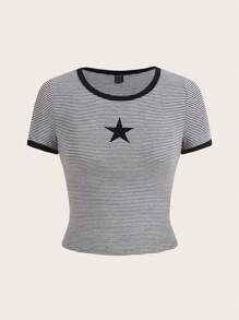 SHEIN EZwear In sọc Thêu Ngôi sao Áo phông ràng buộc màu tương phản - Đen và trắng - Xem 1