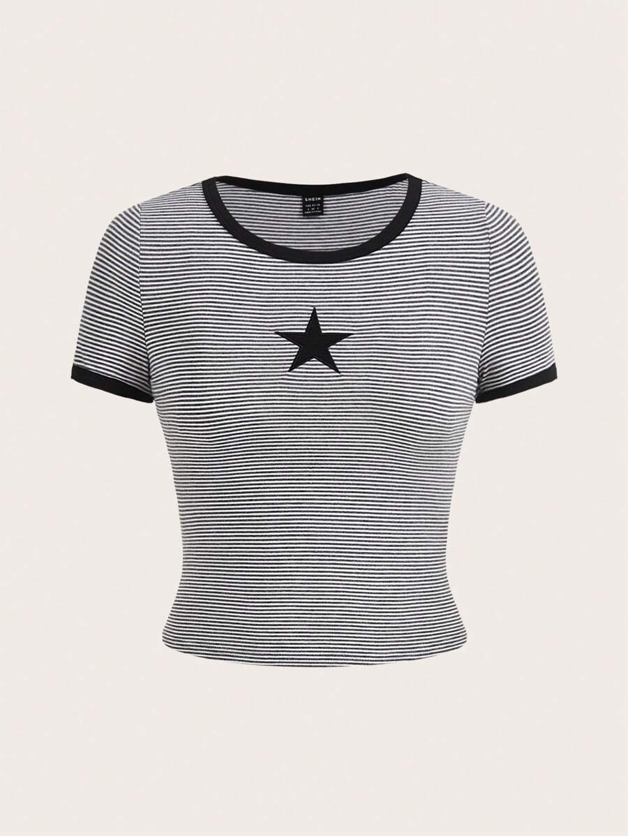 SHEIN EZwear In sọc Thêu Ngôi sao Áo phông ràng buộc màu tương phản - Đen và trắng - Xem 1