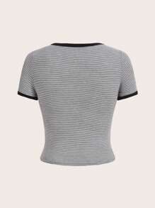 SHEIN EZwear In sọc Thêu Ngôi sao Áo phông ràng buộc màu tương phản - Đen và trắng - Xem 2