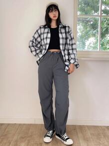 DAZY 抽绳腰斜口袋裤，秋装 - 深灰色 - 查看 3