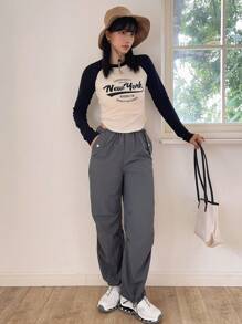 DAZY 抽绳腰斜口袋裤，秋装 - 深灰色 - 查看 11