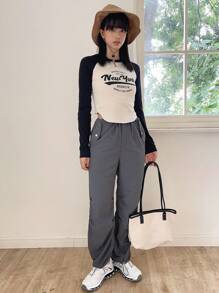 DAZY 抽绳腰斜口袋裤，秋装 - 深灰色 - 查看 12