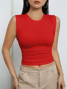 SHEIN EZwear Solid Ruched Crop Tank Top - Red - View 1