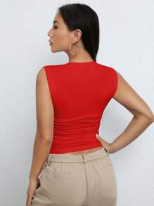 SHEIN EZwear Solid Ruched Crop Tank Top - Red - View 2