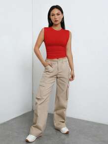 SHEIN EZwear Solid Ruched Crop Tank Top - Red - View 4