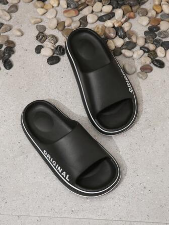 男士英文字母細節時尚懶人鞋，男士黑色夏季拖鞋