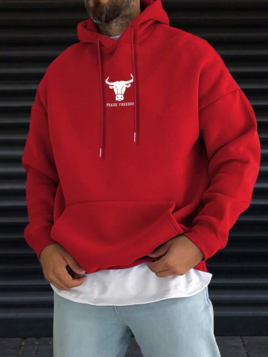 Manfinity Homme Nam Bò đực & Đồ họa Khẩu hiệu Túi kangaroo Dây rút Hoodie - Đỏ - Xem 1