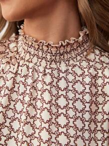 SHEIN Privé 滿版印花褶邊小高領襯衫 - 彩色 - 查看 6