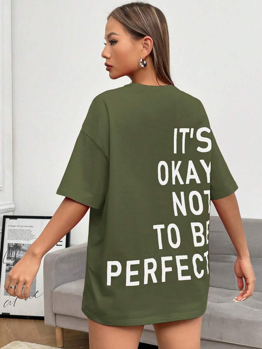 SHEIN EZwear Slogan Graphic Drop Shoulder Tee IT'S OKAY NOT TO BE PERFECT - Army Green - View 1